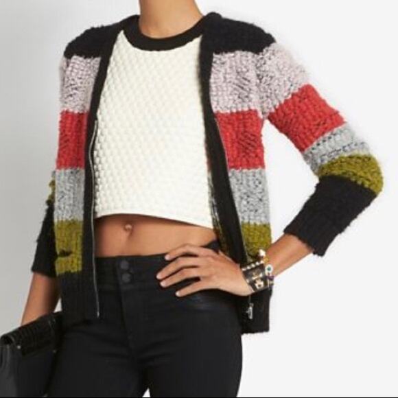 A.L.C. Alpaca Wool Blend Multi Color Stripe Boucle Knit Zipper Cardigan Sweater - Picture 2 of 16